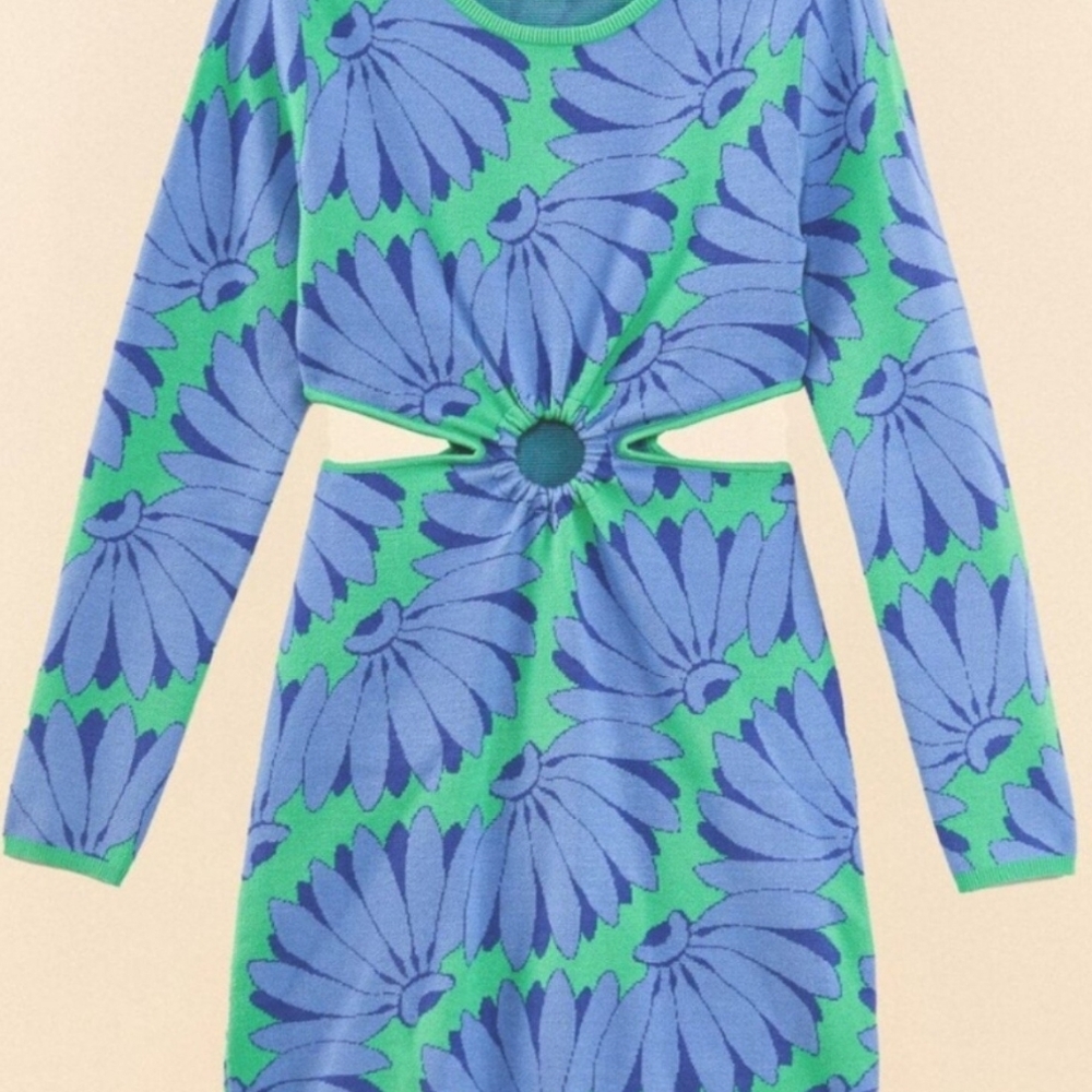 Blue and Green Floral Cutout Dress